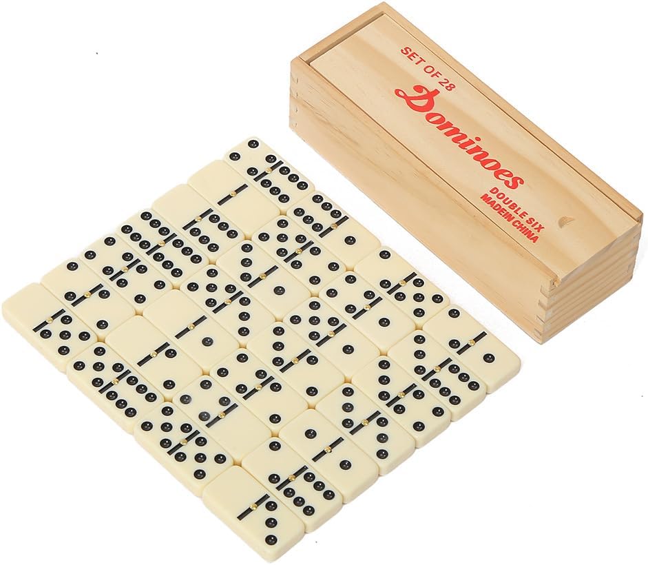 Dominos Set for Adults with Wood Box - Tile Dot Dominoes Games Set ，Classic Dominoes Set, 28 Tiles, Natural Wood and Ivory, Wooden Box Storage, Ages 6+
