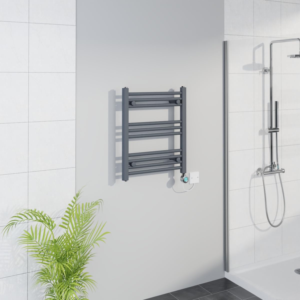 Warmehaus Smart WiFi Thermostatic Electric Bathroom Straight Heated Towel Rail Warmer Radiator with Timer 600x500mm - Anthracite - Chrome Heating Element