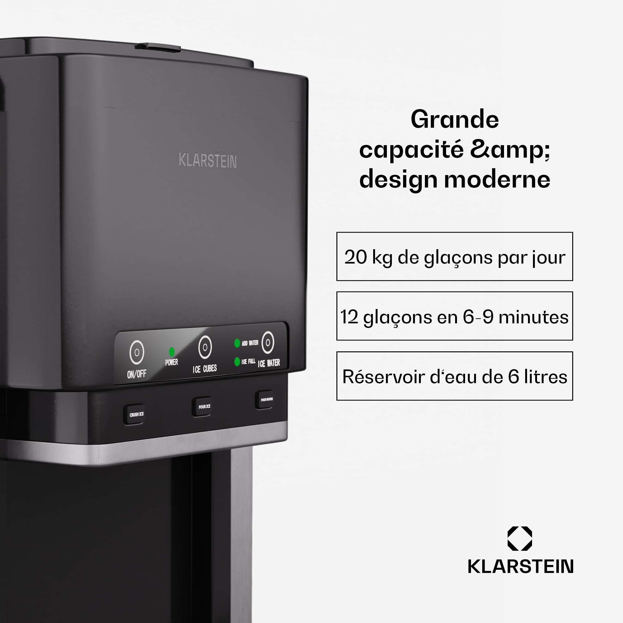 Klarstein ArcticBlend 3-en-1 machine à glaçons, 20 kg/24 h, glaçons & glace pilée, distributeur d'eau, réservoir 6 L, acier inoxydable, machine à glaçons maison, gris foncé