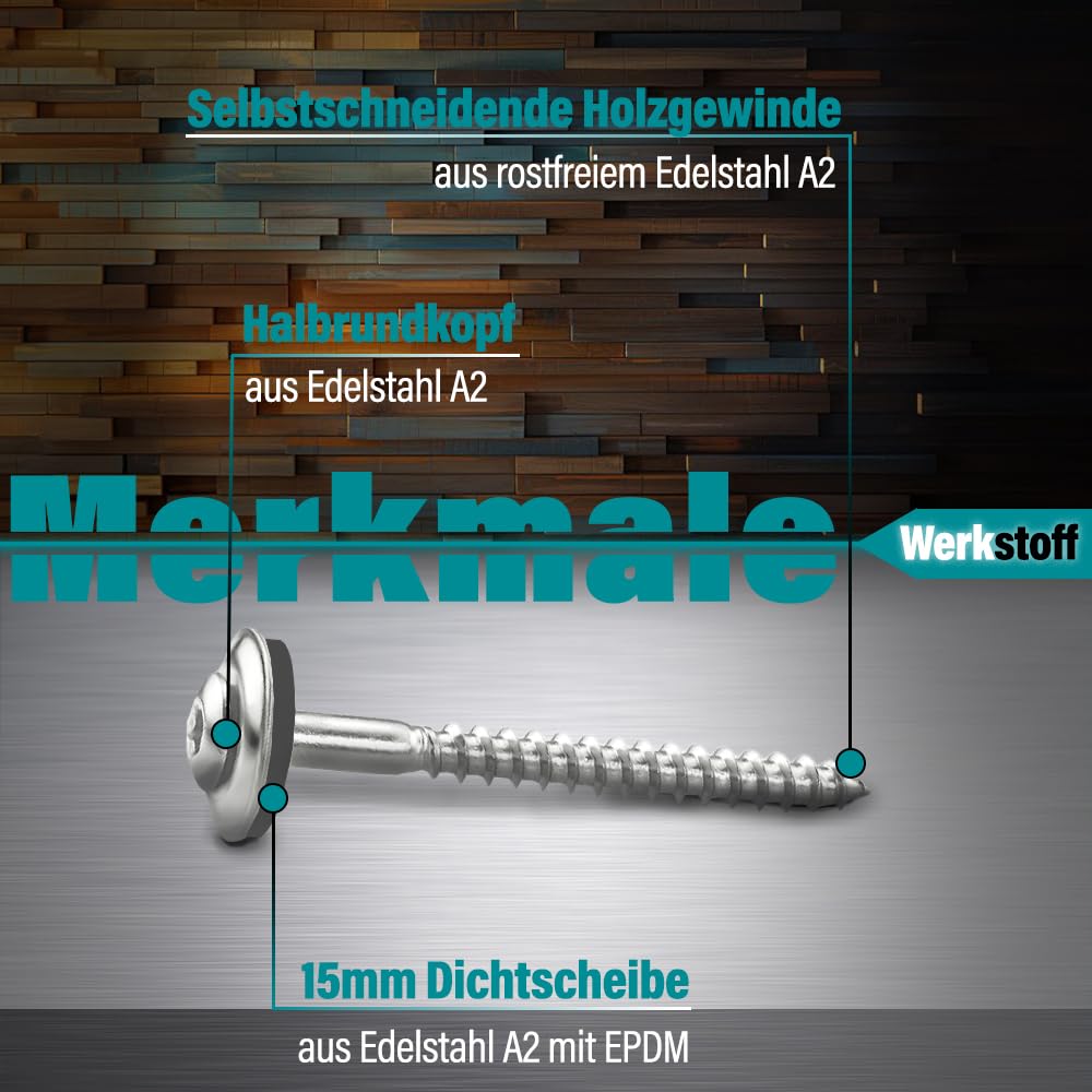 VOOXA 100 piezas tornillos de acero inoxidable A2 SPENGLERSCHRAUBEN 4,5X35 con junta de sellado EPDM de 15mm | cabeza lenticular TX20 | Para madera/metal/plástico o con taco para muro