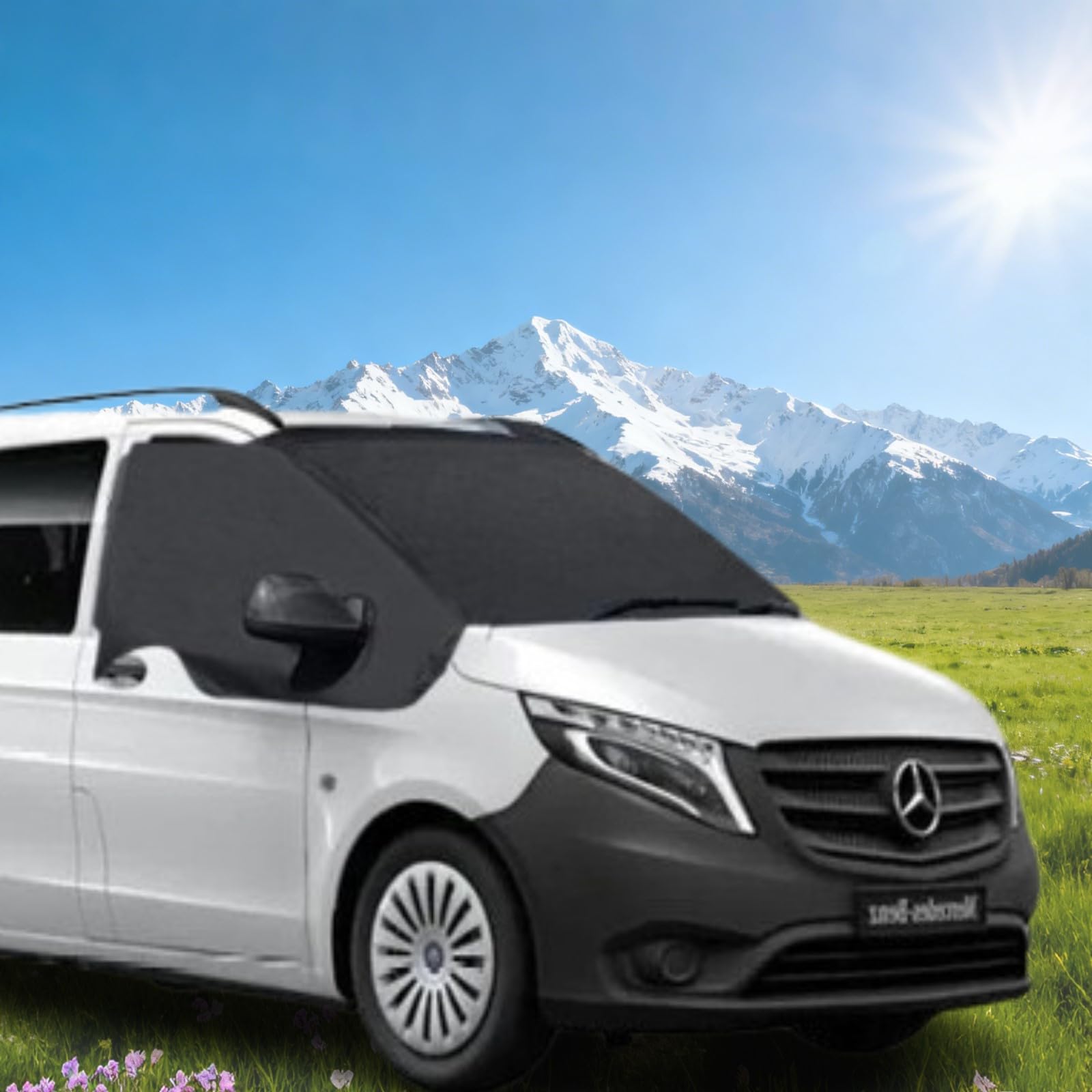 Sonnenschutz Frontscheibe für Mercedes Vito W447 2014-2024 | 600D Oxford Stoff, 100% Verdunkelung, UV-Schutz, Frostschutz & wetterfest. Thermomatte für Winter hält Kälte und Wärme ab