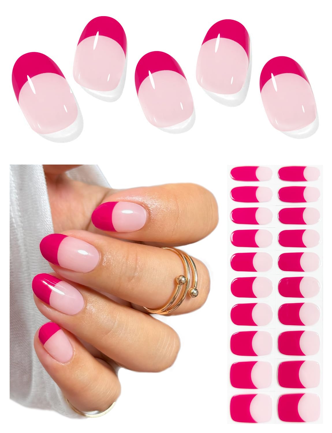 AutyaMee Semi Cured Gel Nail Strips (Hot Pink French), 20 Pcs Gel Nail Wraps, Stickers, UV Light Required, Salon Quality, Long Lasting