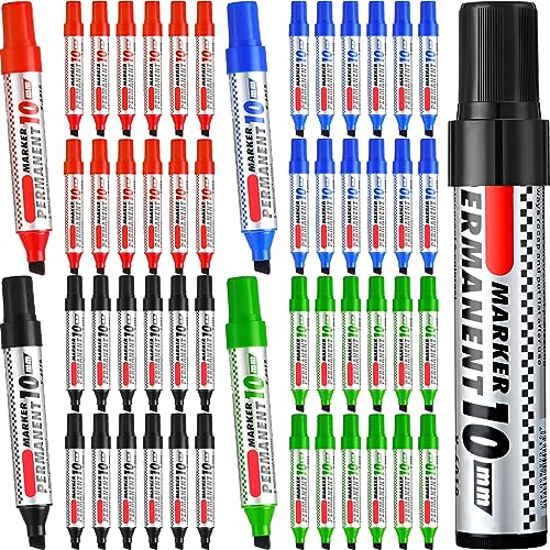 Image of Thenshop 48 Pcs Jumbo Size Permanent Markers Bulk Waterproof Chisel Tip Marker Pens for Industrial Use Work on Wood Metal Plastic Stone Glass(Black, Blue, Green, Red)