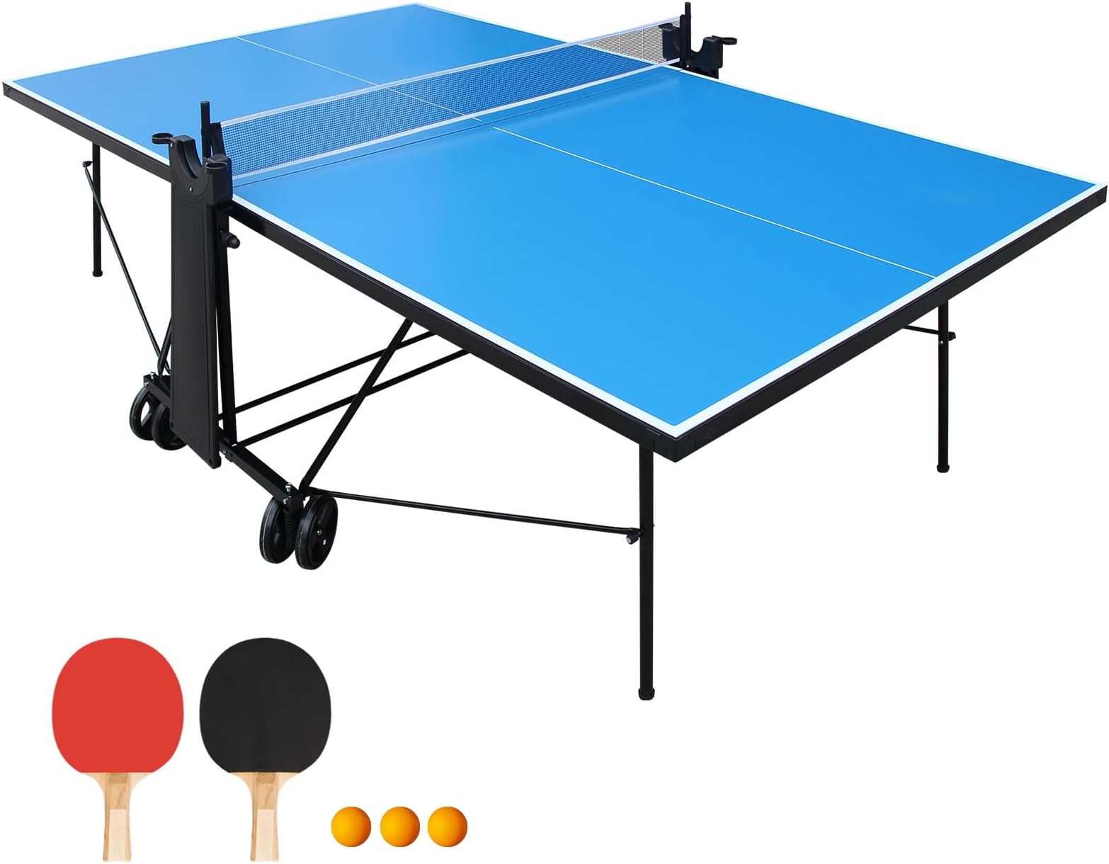 - KEIKI 9×5FT Official Ping Pong Table, 6mm ACP Foldable Portable Table Tennis Table with Net, 2 Paddles & 3 Balls, Indoor Outdoor Quick Setup for Adults, Blue