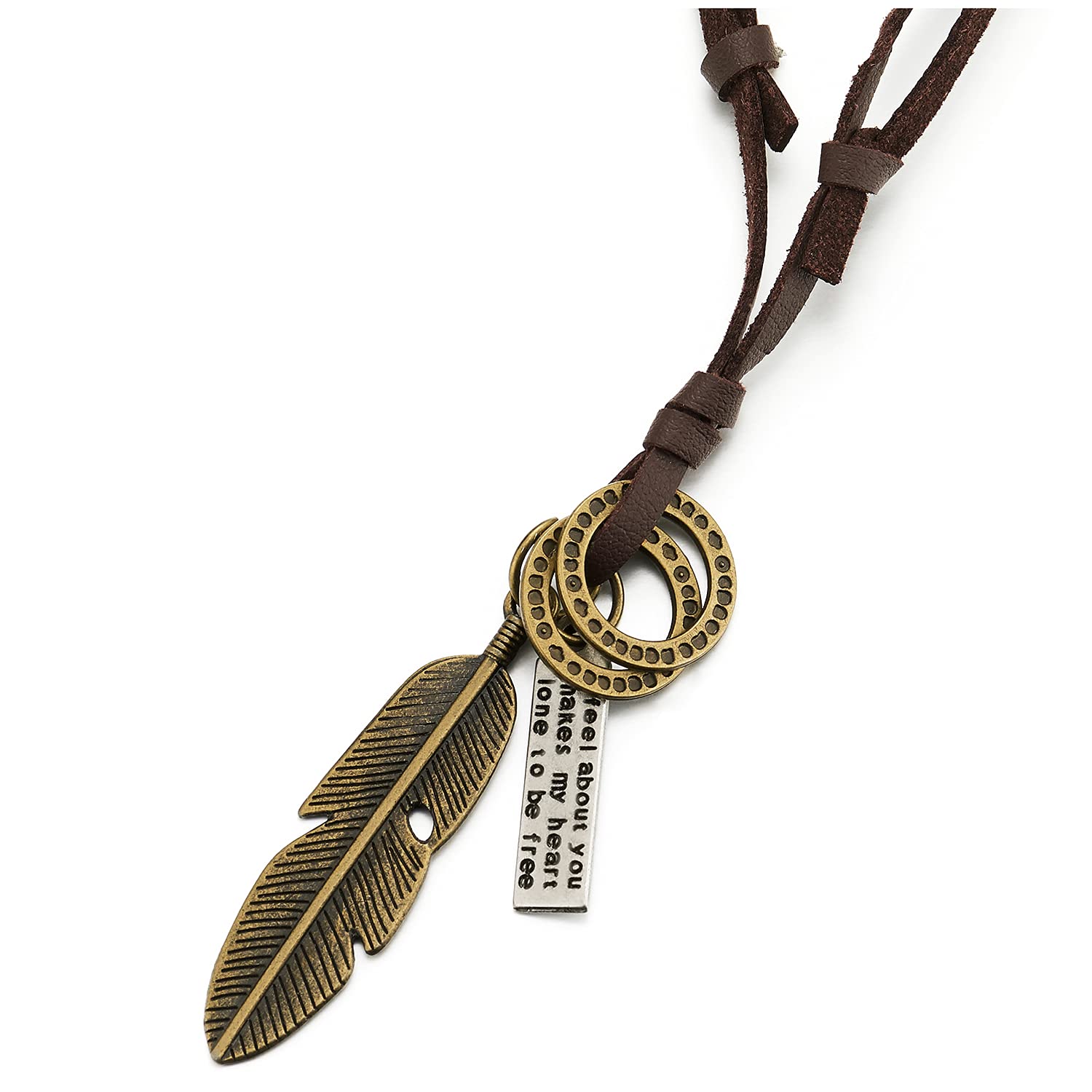 COOLSTEELANDBEYOND Estilo Retro, Latón Envejecido Pluma Collar con Colgante de Hombre Mujer, con Cordón de Marrón Cuero Ajustable