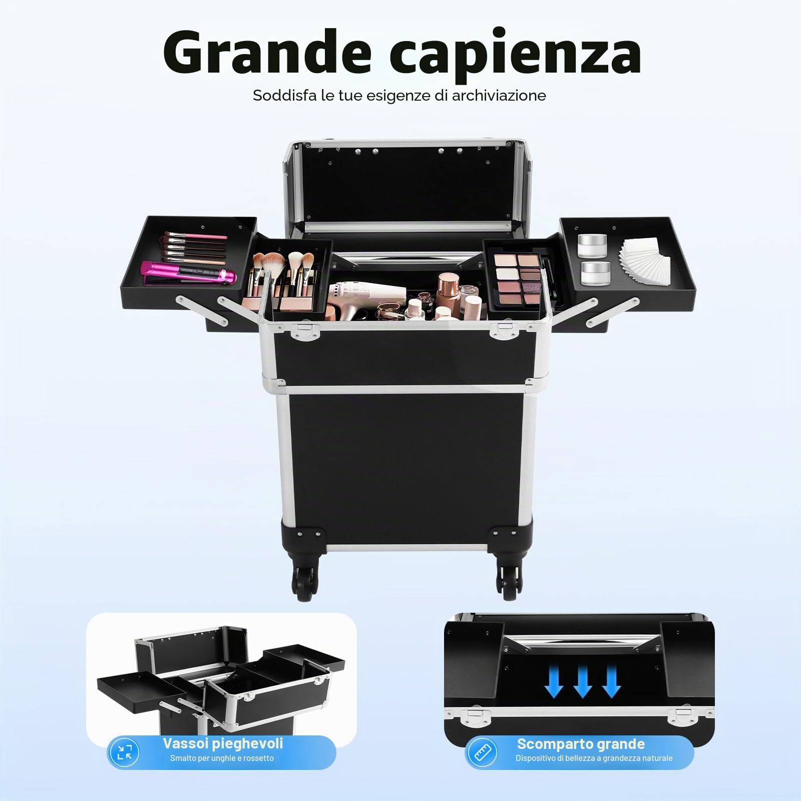 Valigetta professionale per cosmetici Colore nero Con 4 ruote rimovibili e angoli di protezione 34 x 24 x 47 cm Ideale per trucchi truccatori, design unghie e viaggi
