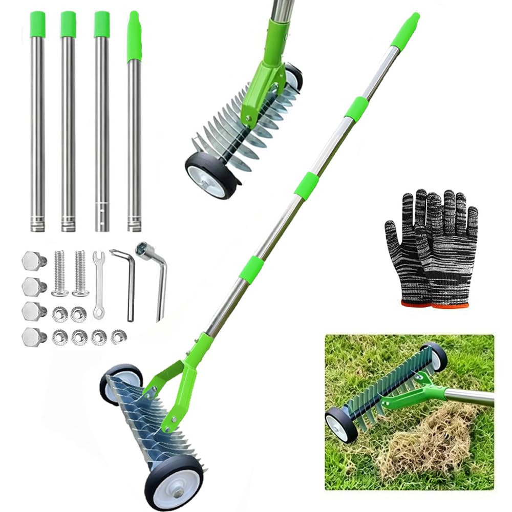 Escarificador Manual con Ruedas, Escarificador con Mango de 165 cm, Aireador de Césped con Ruedas, Rastrillo de Corte de Metal para Jardín, Desmontable, Rastrillo de Escarificación Ajustable