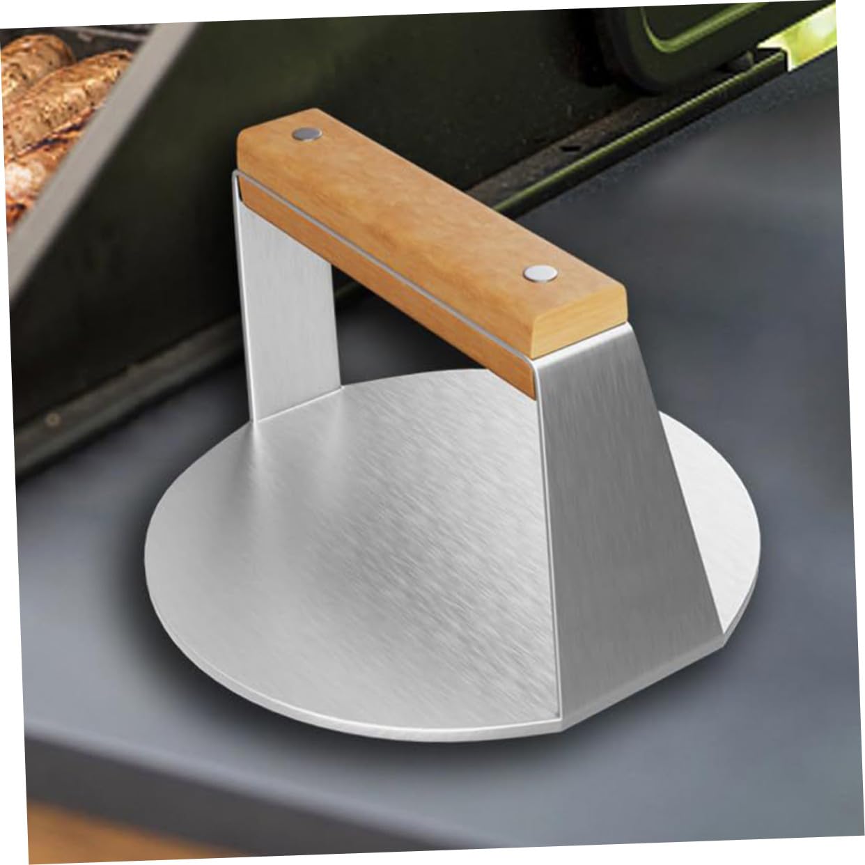 Gatuida Prensa Hamburguesas Acero Inoxidable con Mango Ergonómico de Madera para Cocina Aplastador Manual de Carne Redondo Fácil Limpieza y Uso Seguro