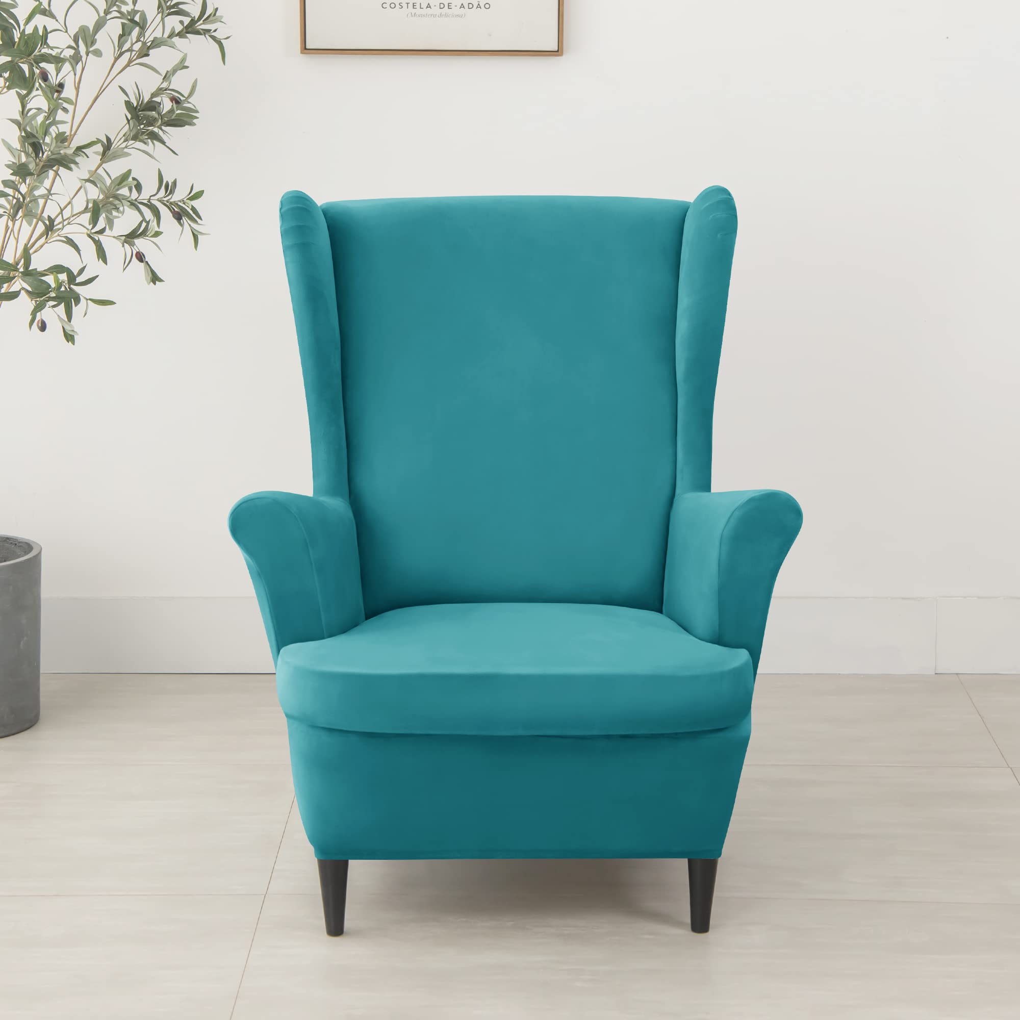 PENDEJATO Stretch Wing Chair Slipcovers, 2 Piece Wingback Chair Cover Soft Velvet Armchair Covers with Elastic Bottom for Living Room Bedroom (Turquoise)