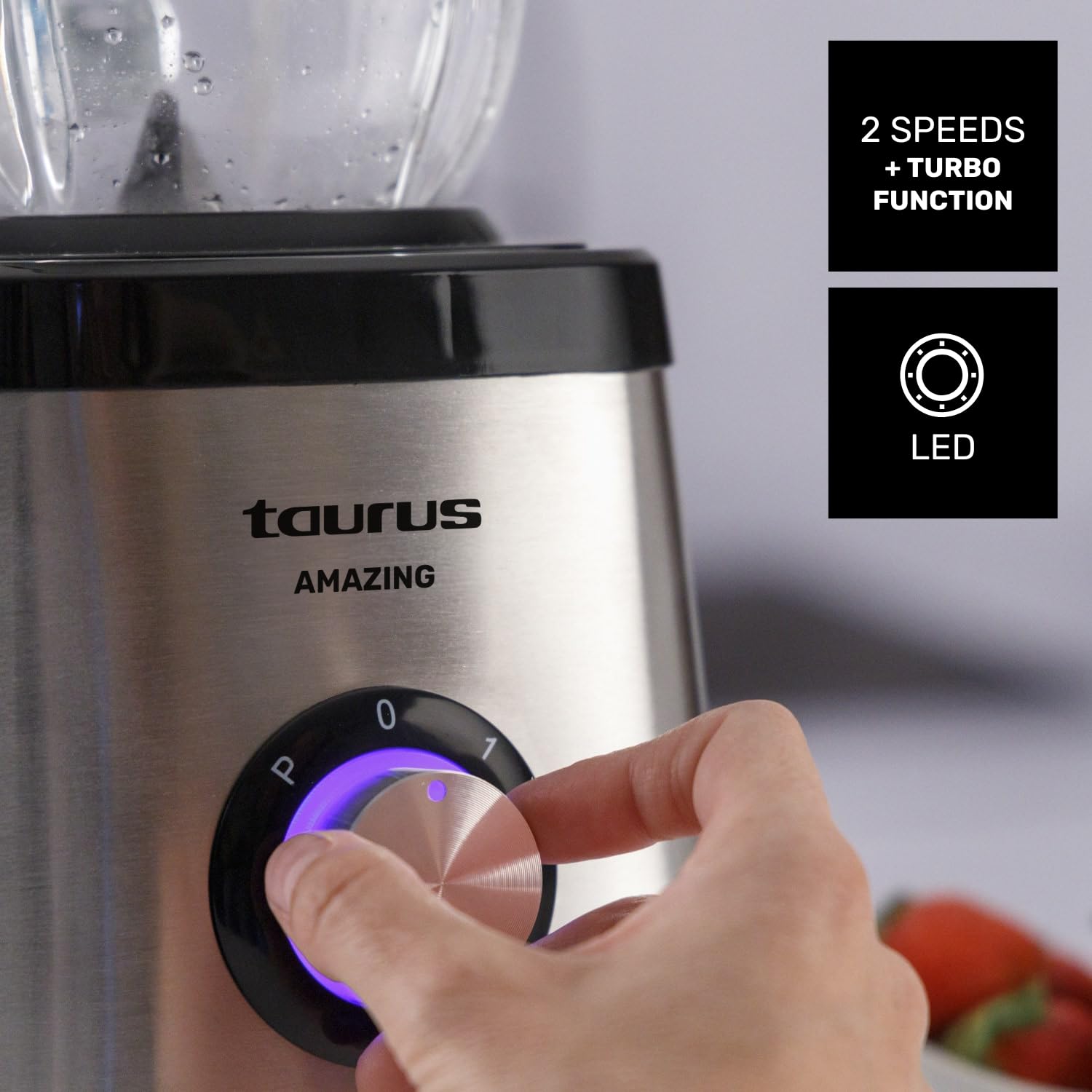 Taurus Amazing - Batidora de Vaso JB1502XC, 1500W, Jarra de Cristal 1.5L, 2 Velocidades + Turbo, 4 Cuchillas Inox, Pica Hielo, Seguridad Integrada, Apta Lavavajillas, Gris y Negro