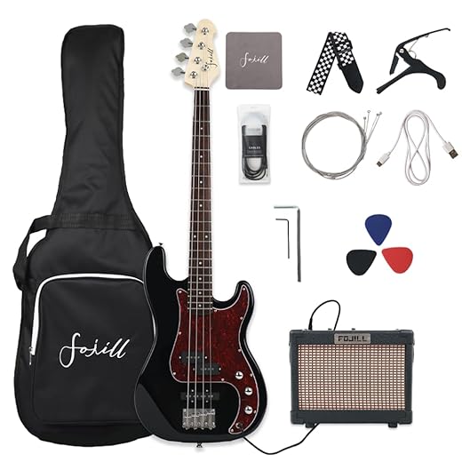 Fojill Full Size Four String Electric Bass Guitar With 10 Watt Amplifier 4 String Right Handed Beginner Kit Set With 600D Gig Bag,Picks,Noiselss Cable,Extra Strings(GBK)