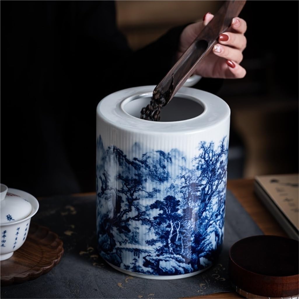 CMBSSTFC Słoik na cukier Chiński słoik na herbatę w stylu retro Ceramiczny niebiesko-biały, zamykany słoik kuchenny Nadaje się do kawy mielonej, herbaty, cukru, soli itp. Pojemnik na herbatę