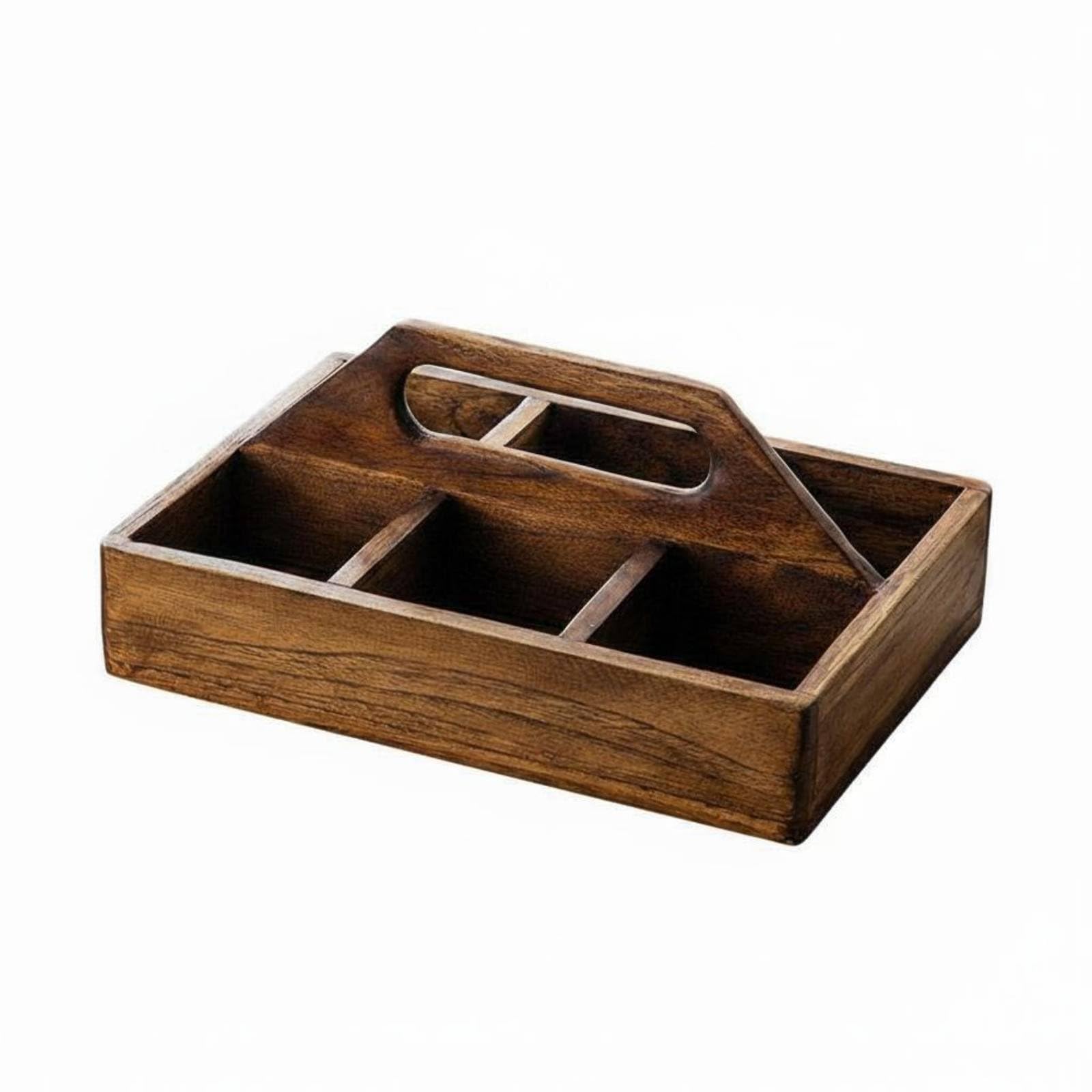 Milageto Bandeja de Servir con Organizador de, Cesta Organizadora De Madera con Asa Y 4 Compartimentos, Dimensiones Externas 30cm Largo X 20cm Ancho X 14cm Alto Compartimento 1 8cm X 8cm X 4.5cm.