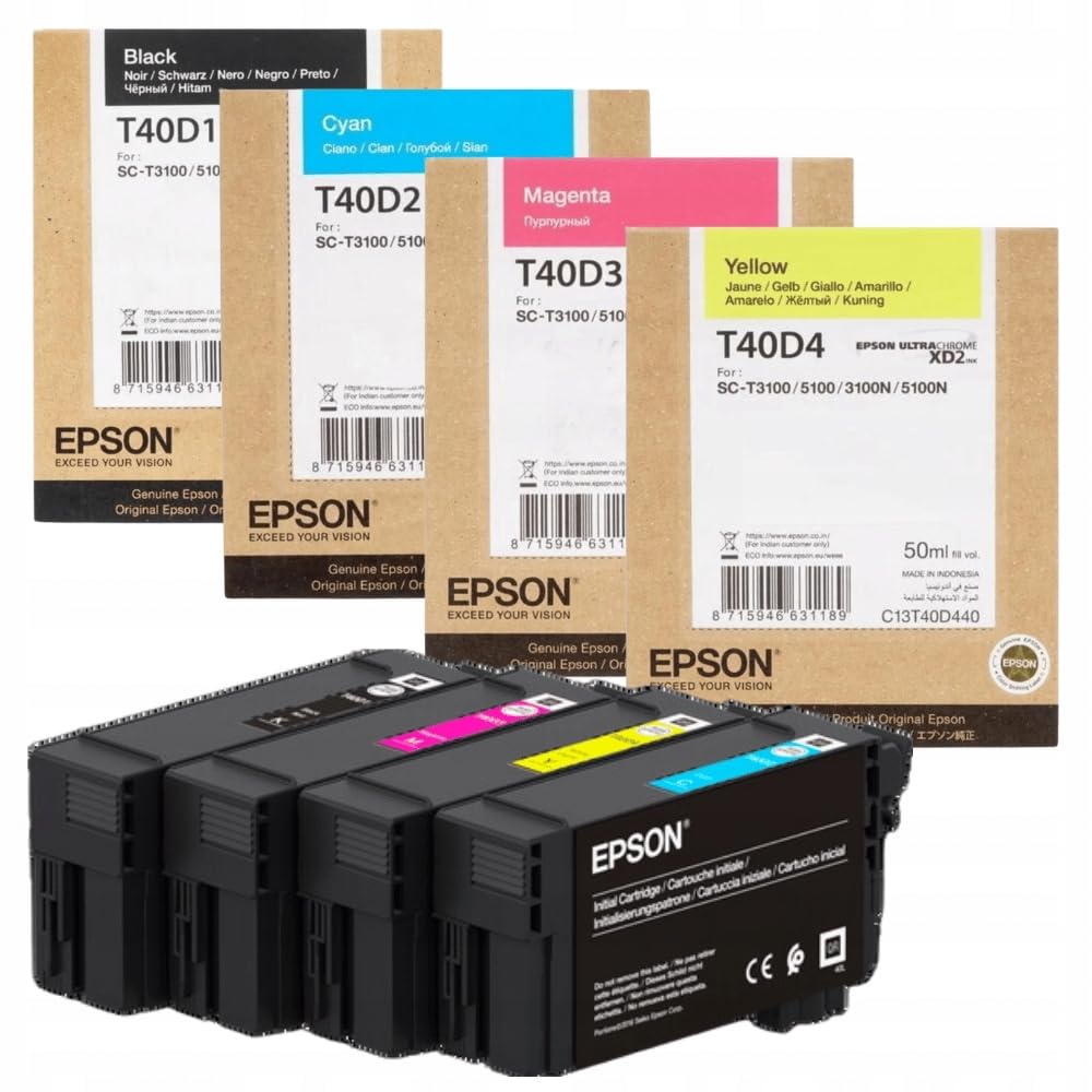 Epson Paquete de Cartuchos de Tinta XL T40 T40D1 Negro XL 80 ml + T40D2, T40D3, T40D4 XD2 Cian, Magenta, Amarillo XL 50 ml para SureColor SC-T2100 SC-T3100 SC-T5100