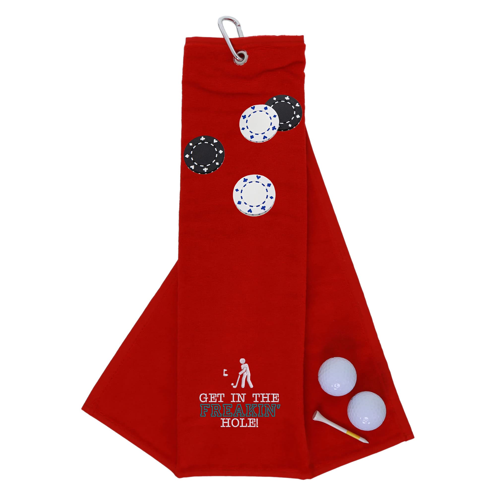 aztex Funny Trifold Golf Towel and Poker Chip Marker Set Gift for Men, Carabiner Clip for Golf Bags, Get in the Hole, Red