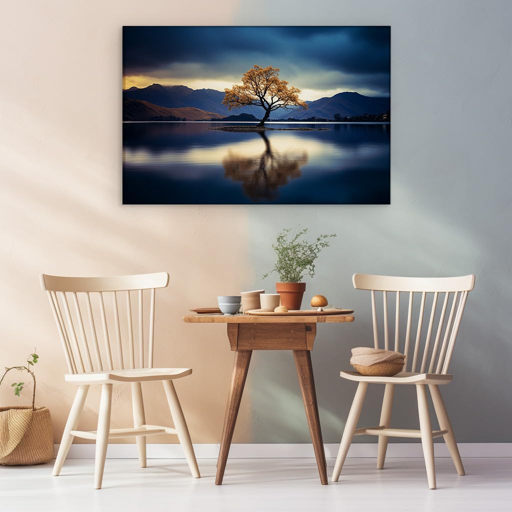 Canvas for Living room. Solitary Tree's Reflection amid the Still Waters - The Merging of Serenity and Storm, 27 x 18 inch Canvas Wall Art - Contemporary Masterpieces - Modern Home Decor