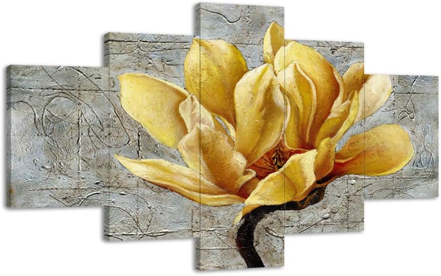Super Brands Large Yellow and Gray Flower Wall Decor Retro Yellow Flower Wall Art Yellow Wall Decor 5 Panels Poster for Bedroom Living Room Yellow Flower Painting Gift for Friend Framed Ready to Hang (70Wx40H)
