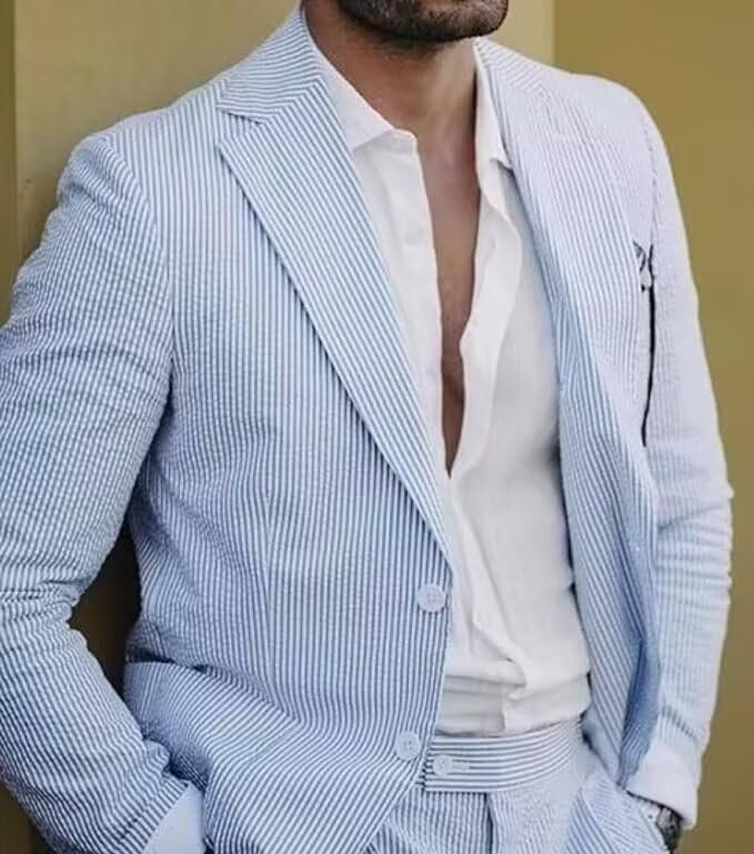 Mens Seersucker Suit 2 Piece Suits for Men Stripe Summer Beach Wedding Suit Lightweight Prom Suit Blazer Pants Set2