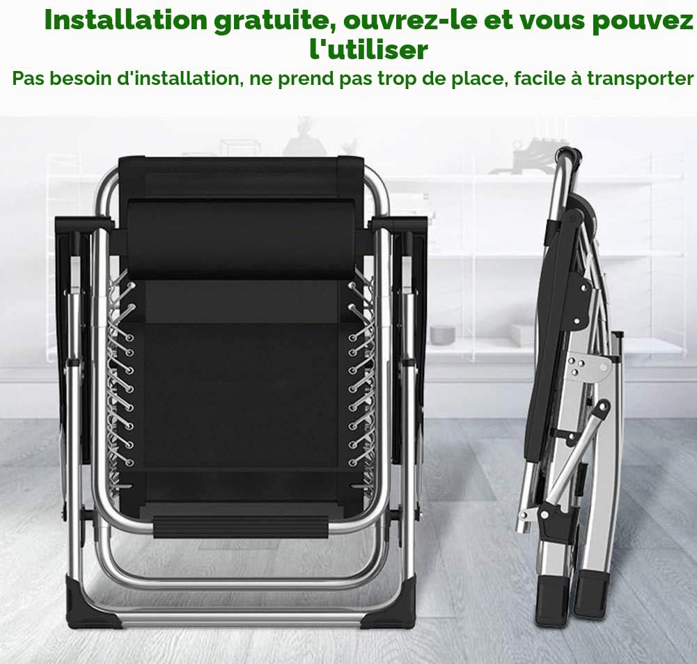 CWYSJ Chaise longue zéro gravité - Chaise pliable et portable parfaite pour la plage, la terrasse, le jardin, le camping, l'extérieur - Charge maximale 200 kg - Noir