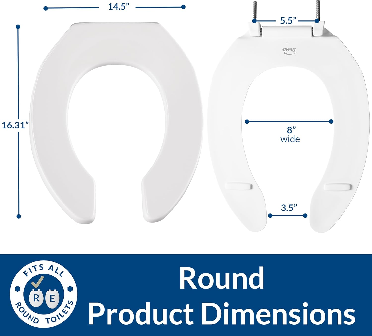 BEMIS 955SSCT Commercial Open Front Plastic Toilet Seat, Heavy Duty Industrial No Slam Seat without Lid, Secure Installation, Made in USA, Round, White