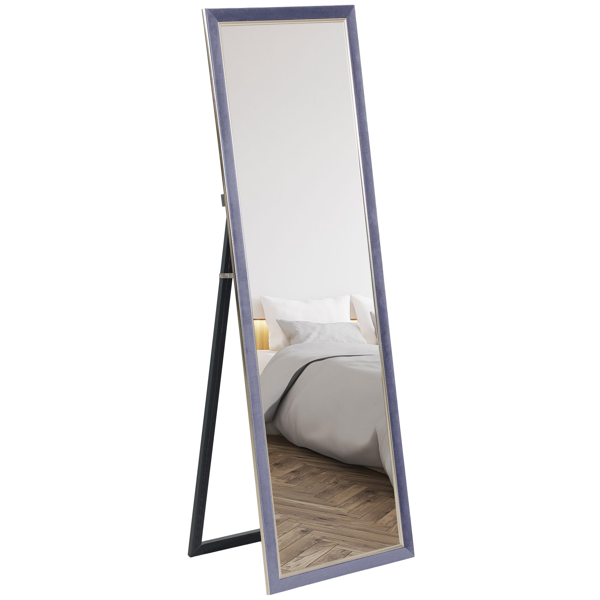 HOMCOM Espejo de Cuerpo Entero 150x50 cm Espejo de Pie o de Pared con Marco en Terciopelo y Soporte para Salón Dormitorio Gris