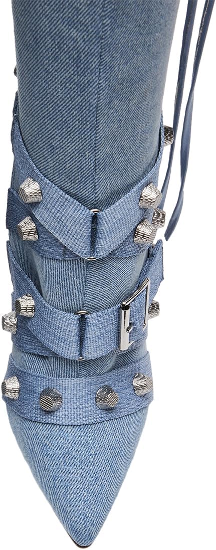 FSJ Women Sexy Knee High Boots Pointed Toe Rivets Strappy Tassels Stiletto High Heel Side Zipper Fashion Stripper Party Dressy Shoes Size 4-16 US