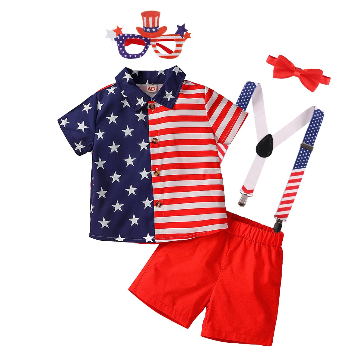 Gentleman 4th of July Birthday Cake Smash Outfits for Kids Baby Boys American Flag Star Striped Bowtie Shirt + Suspenders Shorts + American Flag Glasses Photo Props Red Star Stripe 4PCS 5-6 Years