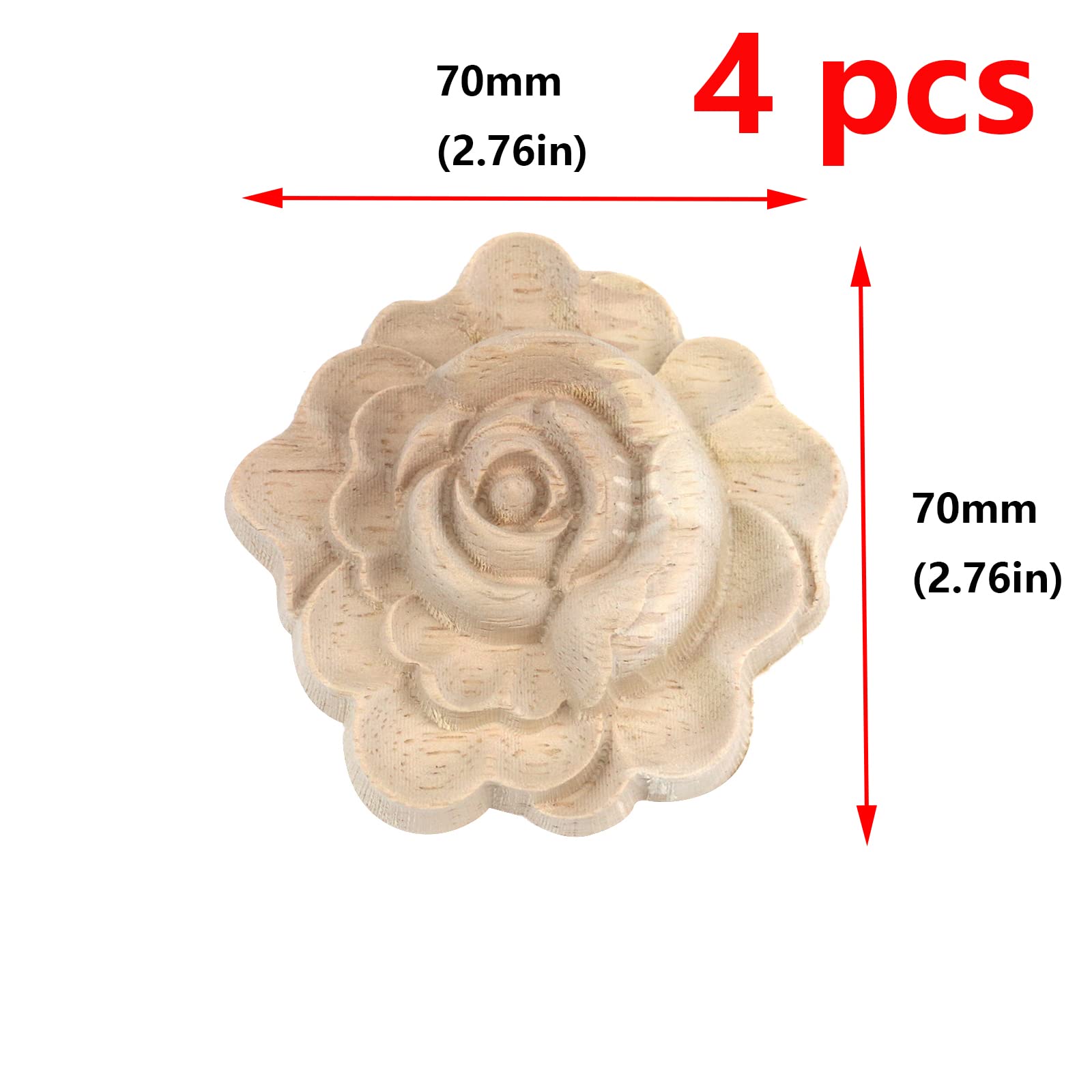 Antrader 4 Pcs Carved Wood Appliques Onlays,Unpainted Flower Shape Wood Carved Applique Frame Onlay for Cabinet Door Bed Wardrobe Furniture Decoration(7x7cm/2.76x2.76in)