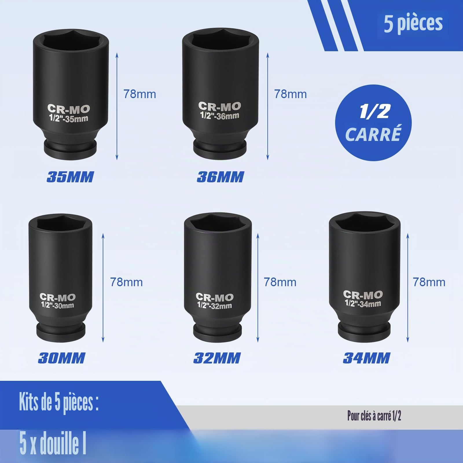 5PCS Coffret de Douilles a Chocs 1/2" Jeu de Douille à Choc, 30/32/34/35/36mm Écrou à Impact, CR-MO 6 Pans Jeu d'Écrous pour Clés à Choc, 78MM de Profondeur pour Retirer Écrous et Boulons