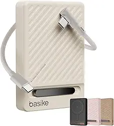 Basike, Power Bank Indução10000 mAh, Carregador Portatil Indução, Carregamento Rápido Máximo de 22,5W, Cabo USB-C Removível e Suporte Ajustável, para iPhone Série 16/15/14/13/12, AirPods (Branco)