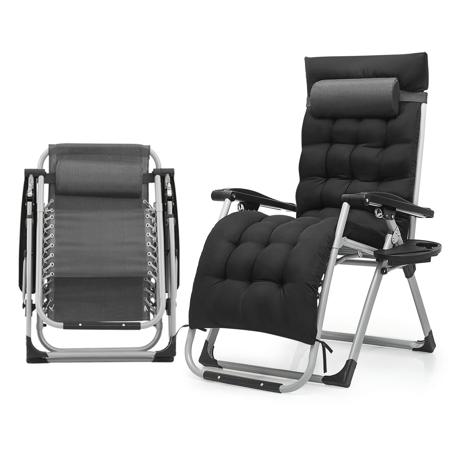 Athena Collection 3 in 1 Patio Lounge Chair Foldable Camping Chair with Headrest Chaise Lounge Nap Chair with Removable Thick Cushion Reclining Beach Sleeping Chair for Indoor and Outdoor, Grey