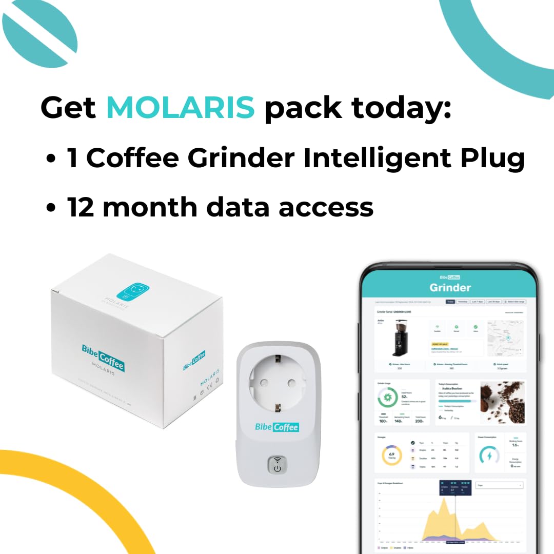 Moulin à Café avec Surveillance à Distance | Pack de 1 avec Prise WiFi Intelligente + Abonnement de Données Gratuit de 12 Mois | Suivi en Temps Réel des Dosages de Café