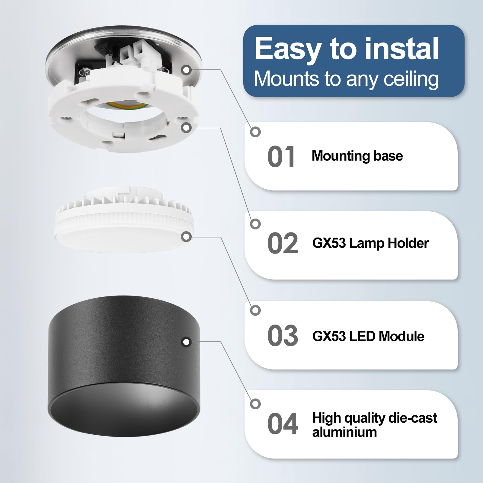 GeyouLux 4x Faretti LED Soffitto - Ø84x50mm - 6W 680LM Faretto LED Interno - 4000K LED GX53 230V Incluso - Angolo del fascio di 180° - Alluminio Lampada da Soffitto (Nero)
