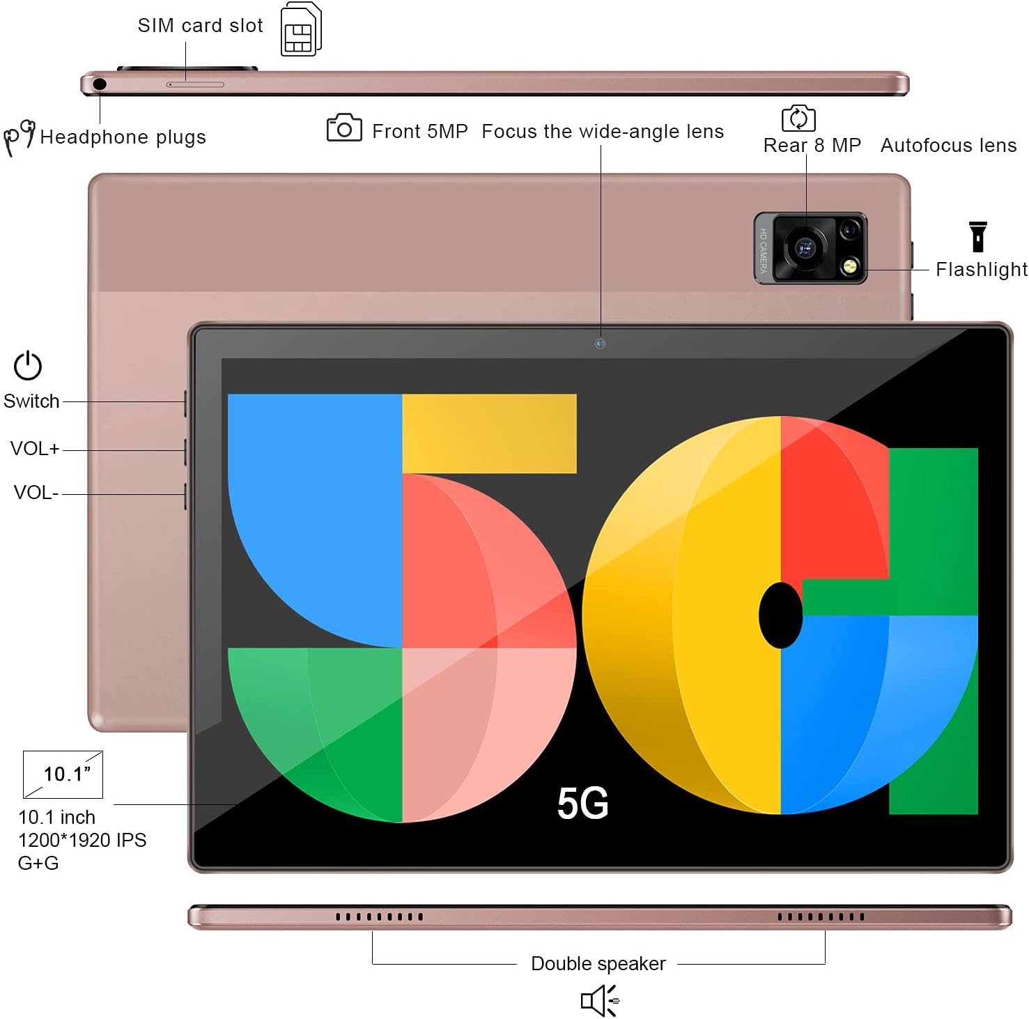 4G LTE Tablet 10 Pollici Android, Octa-Core, 6 GB RAM + 64 GB ROM / TF 256 GB, Certificato GMS, Schermo HD IPS, 6000 mAh, Dual SIM, 5G + 2.4G WiFi, 8 MP + 5 MP, Bluetooth, OTG, GPS, Type-C, Rosa 4G LTE Tablet 10 Pollici Android, Octa-Core, 6 GB RAM + 64 GB ROM / TF 256 GB, Certificato GMS, Schermo HD IPS, 6000 mAh, Dual SIM, 5G + 2.4G WiFi, 8 MP + 5 MP, Bluetooth, OTG, GPS, Type-C, Rosa
