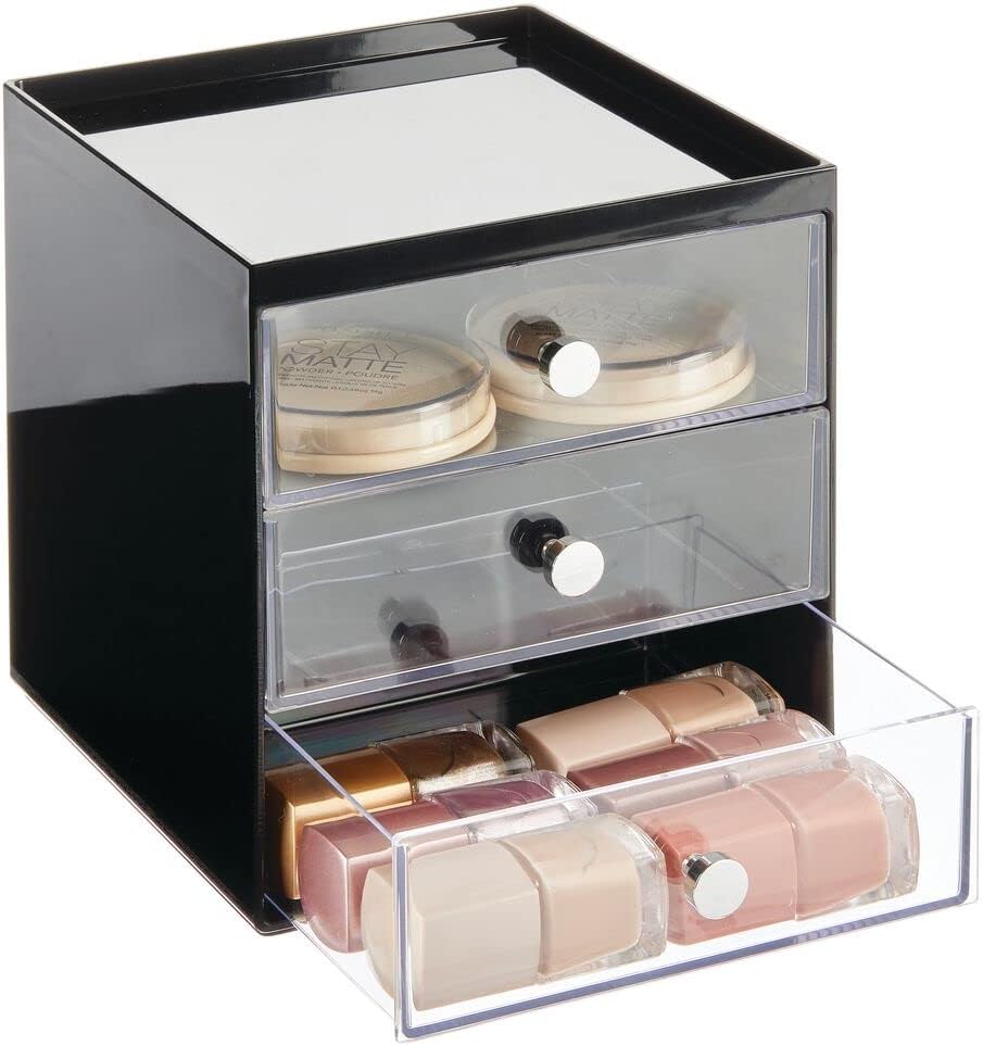 mDesign Plastic 3-Drawer Organizer for Makeup Storage - 3-Tier Storage Organizer - Stackable Organization with Pull-Out Drawers for Bathroom, Vanity, or Desk - Lumiere Collection, Black/Clear