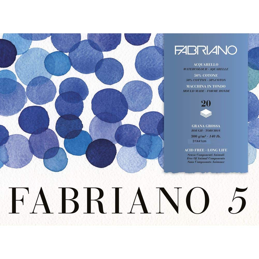 Fabriano White Disegno 5" Handmade Watercolour Cardboard, Natural Coarse Grain, 300 G/M2, 31 X 41 Cm, 20 Sheets, Glued On 4 Sides, Chlorine And Acid Free