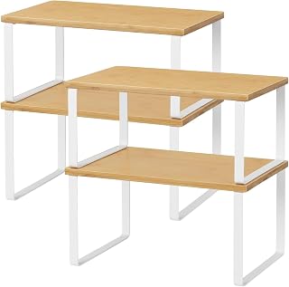 NEX Bamboo Stackable Kitchen Cabinet Shelf Organizer - Expandable Set of 4, Sturdy Wood & Metal for Counter Pantry Storage, White & Natural