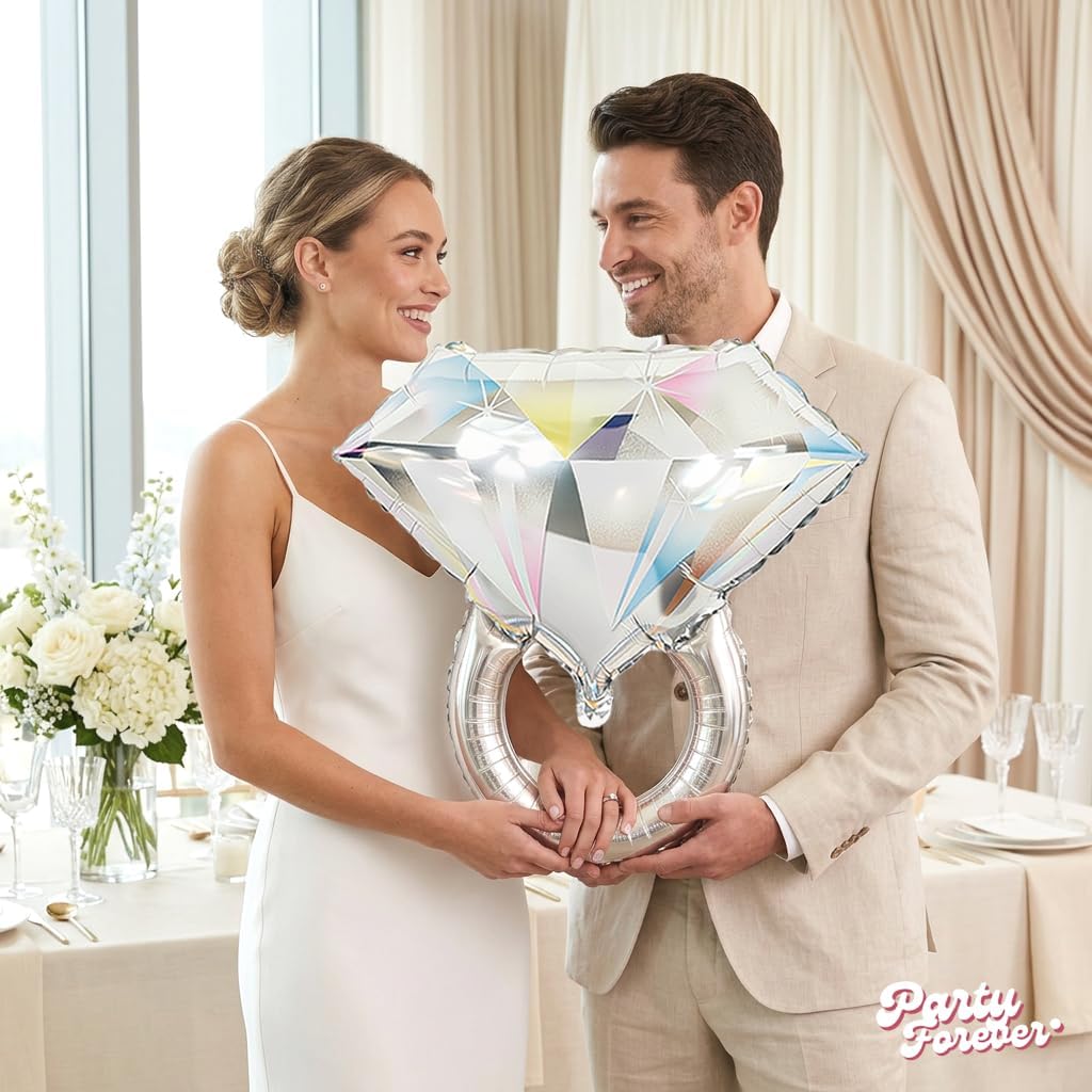 PartyForever Silver Diamond Ring Foil Balloons – 2 Pack 26 inch White Gold Color Engagement Ring Balloons – Bridal Shower, Bachelorette, Engagement & Wedding Decorations