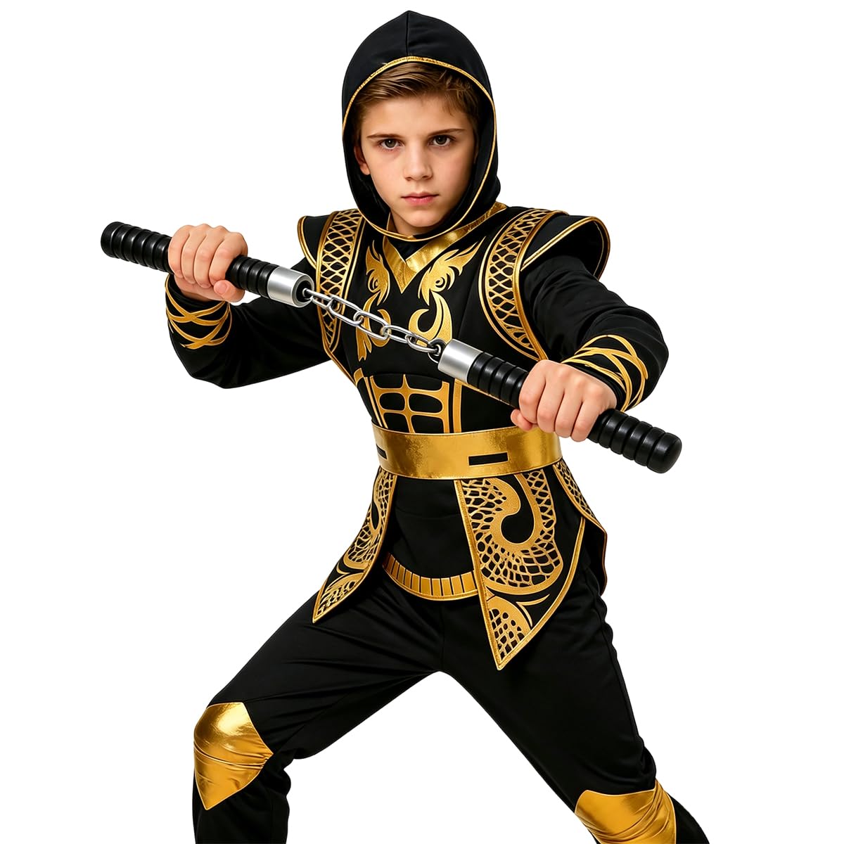 Kostium Ninja dla dzieci, złoty kostium na karnawał, Halloween, kostium karnawałowy z akcesoriami dla chłopców, dziewcząt, dzieci