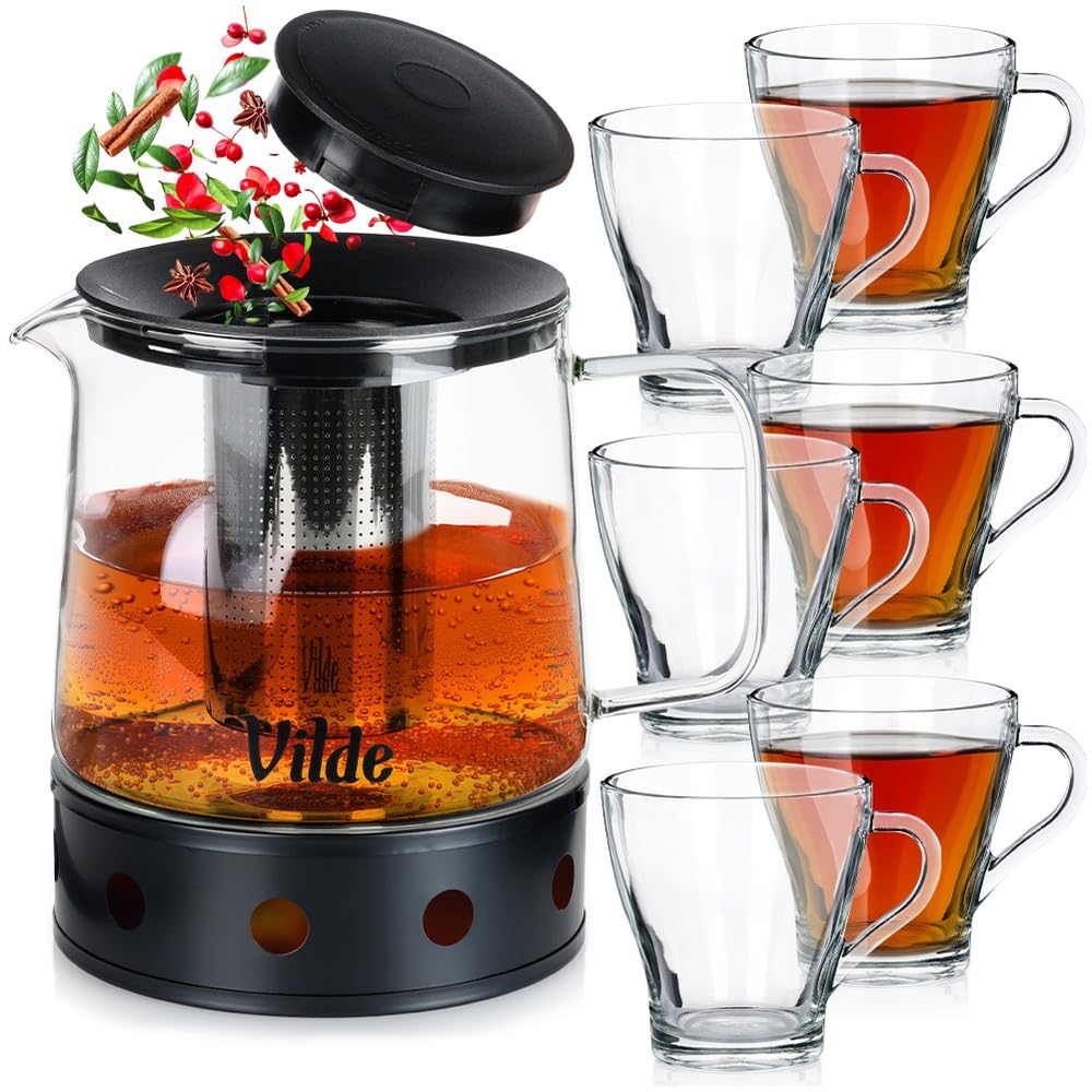 Teiera con colino da 1,5 l + scaldavivande + 6 bicchieri, 8 pezzi