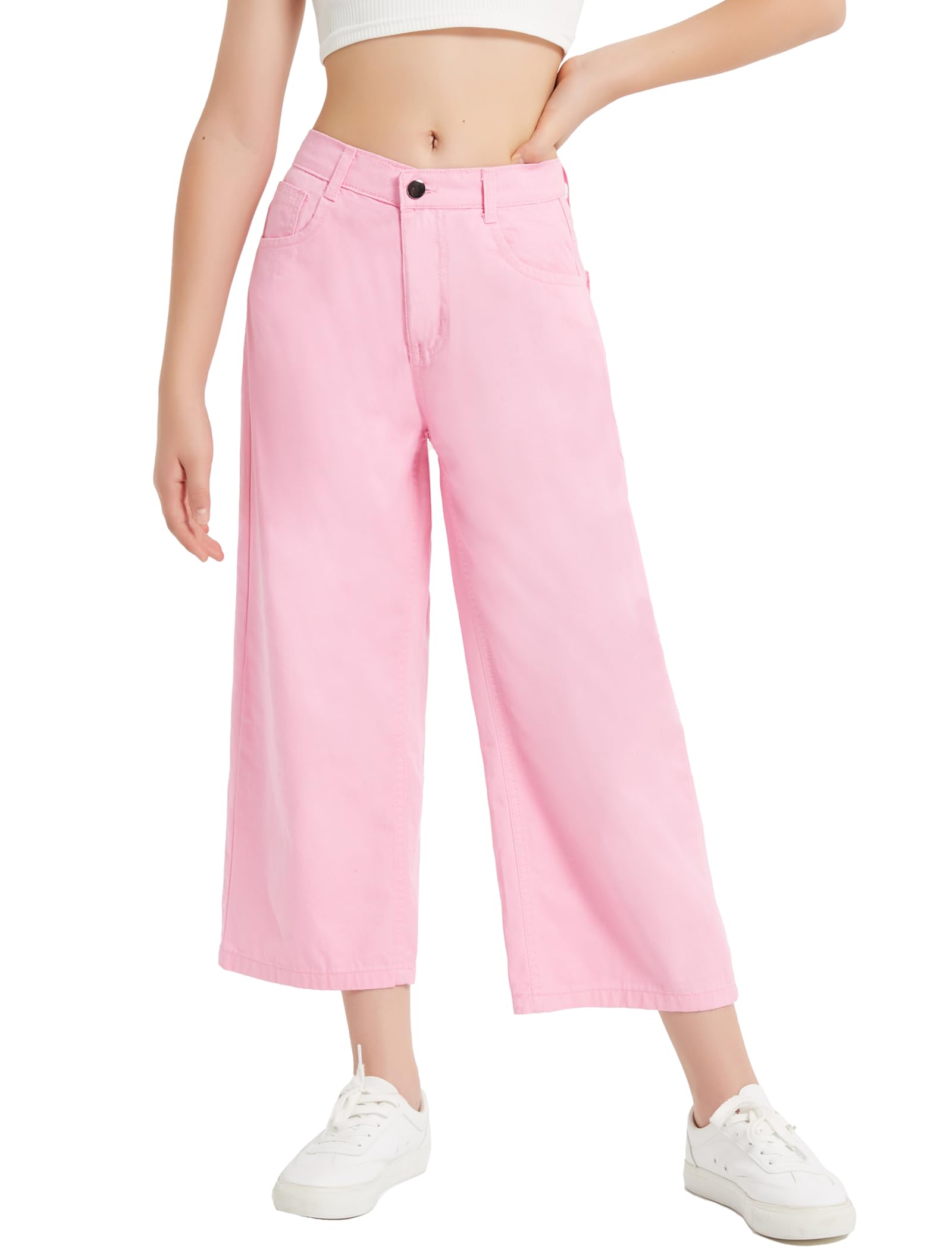 EXARUS Jeans holgados de pierna ancha para niñas, pantalones de mezclilla para adolescentes, cintura media, banda elástica con bolsillos, ropa casual