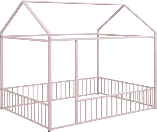 Miniatura 4 de Playhouse Design - Cama de casa de tamaño matrimonial con valla, marco de cama Montessori de metal con techo para niños pequeños, niños,