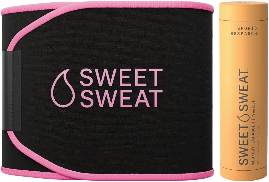 Sports Research Waist Trimmer Pack - Sweet Sweat Waist Trimmer (Black/Pink, Small) & Workout Enhancer Roll-On Gel (Tropical Scent)