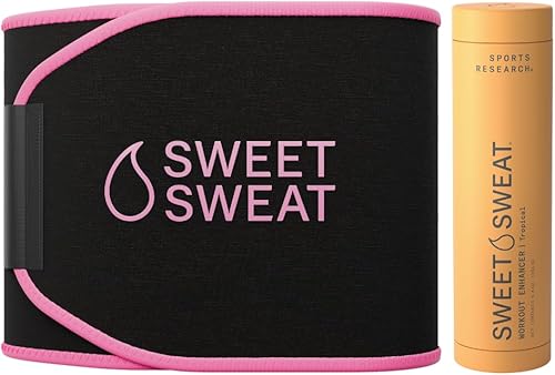 Sports Research® Waist Trimmer Pack - Sweet Sweat Waist Trimmer (Black/Pink, Medium) & Workout Enhancer Roll-On Gel (Tropical Scent)