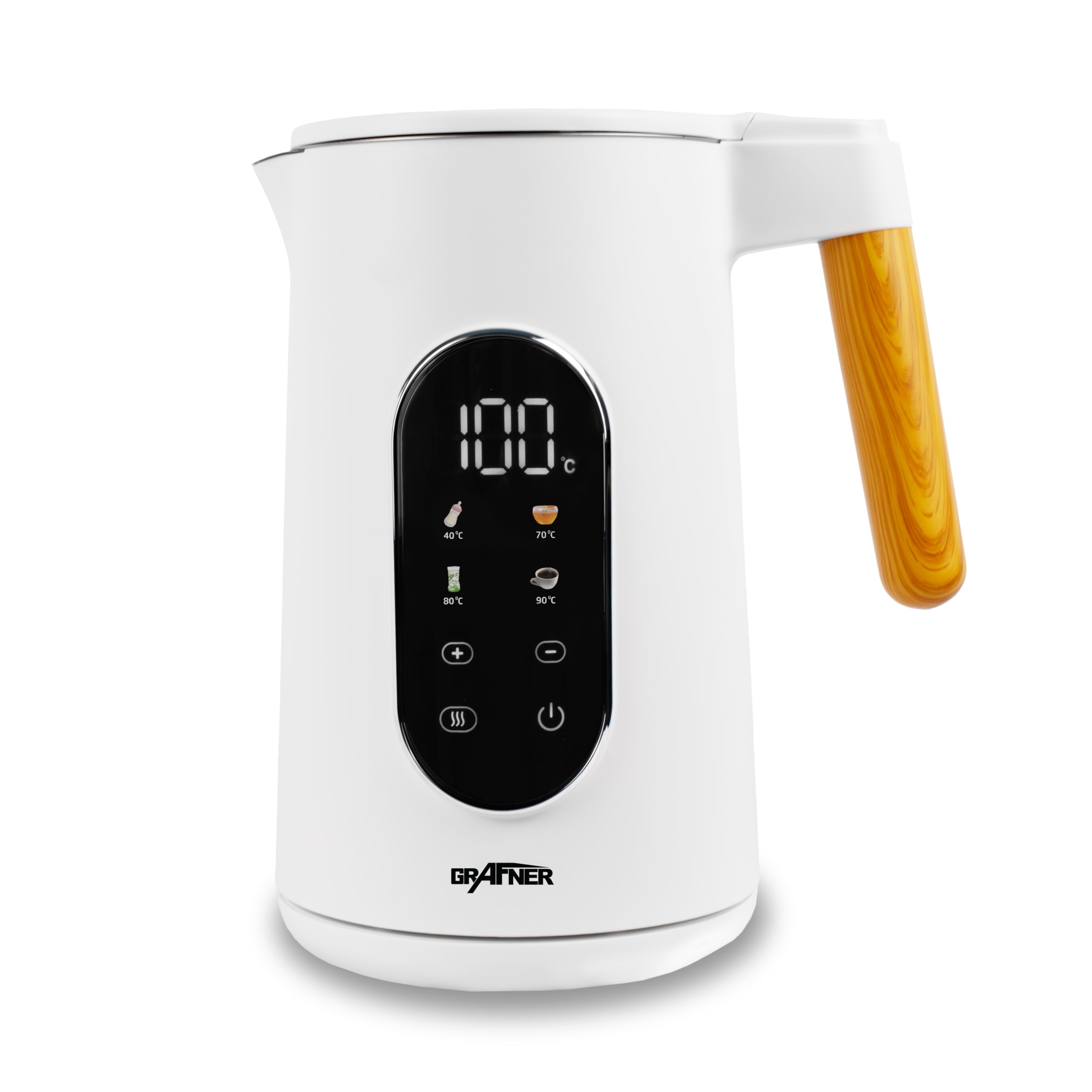 Grafner Hervidor de agua de acero inoxidable con ajuste de temperatura, 40 °C a 100 °C, pantalla grande, función de mantenimiento del calor y función de memoria, 4 programas, doble pared, 1,7 litros