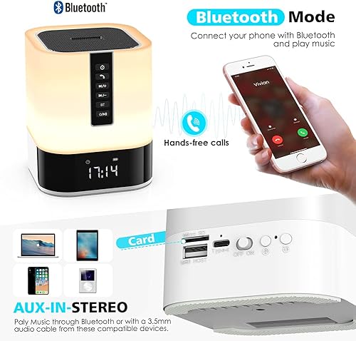 Miniatura 3 de Altavoz Bluetooth con luz nocturna, control táctil 5 en 1, lámpara de noche regulable y cambio multicolor, reloj despertador para dormitorio, las