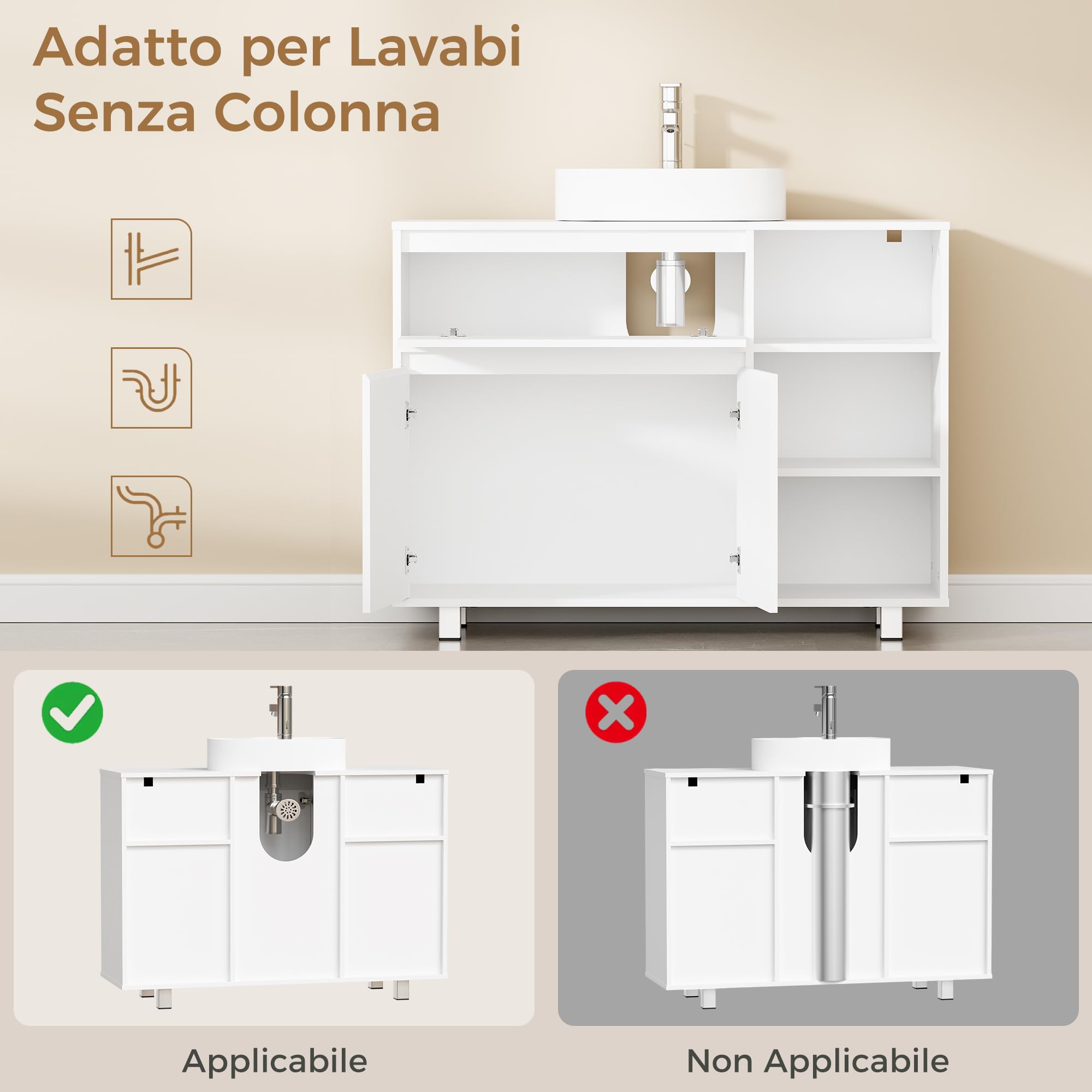 BEWISHOME Mobile Sottolavabo per Bagno,Mobile da Bagno, 1 vano Portaoggetti Nascosto, 2 Ante, 3 Ripiani Regolabili Aperti, con Gambe, 90 x 64.5 x 30 cm, Bianco EYSG02W