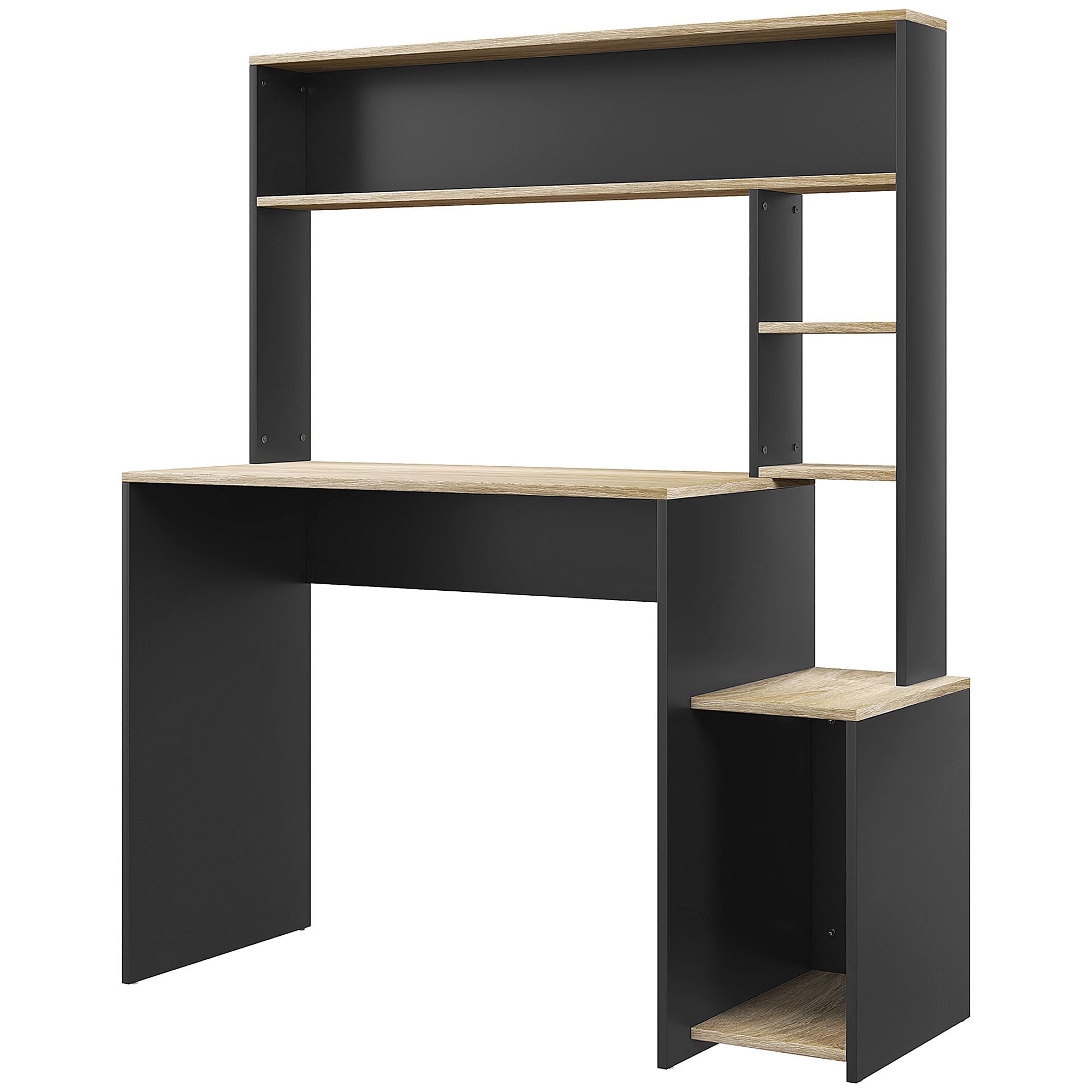 HOMCOM Scrivania per Ufficio e Studio con 3 Ripiani, Scrivania in Legno con Supporto per CPU, 114x45x138cm, Grigio e Legno Naturale