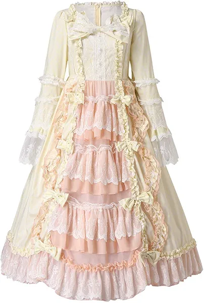 Square Neck Solid Color Costumes for Women Bowknot Bell Sleeve Festival Winter Long Sleeve Ball Gown Ruffled Tiered Floor Length Bouffant Fit and Flared Medieval Outfits Vestidos