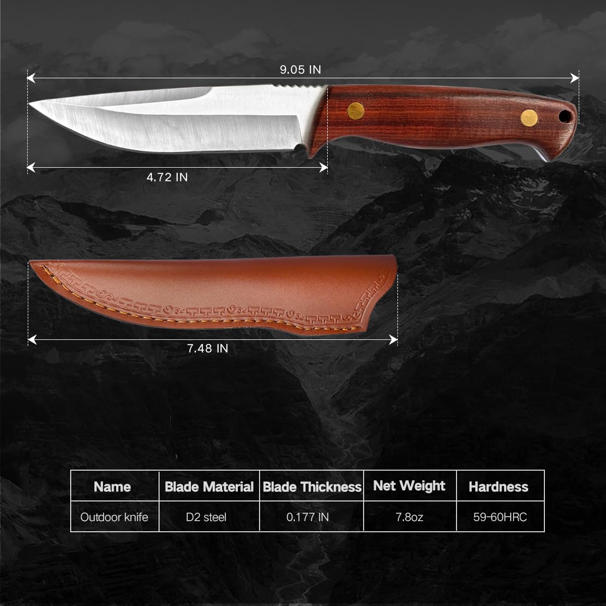 D2 Coltello da sopravvivenza affilato con squisita custodia in pelle, lama fissa, coltello di sopravvivenza ergonomico, manico in palissandro per campeggio all'aperto (Brown 01)